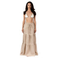 ALURE Beige Linen Long Skirt, luxury linen maxi skirt for women, elegant resort wear with tiered silhouette and crochet lace details by BILEYA COUTURE.