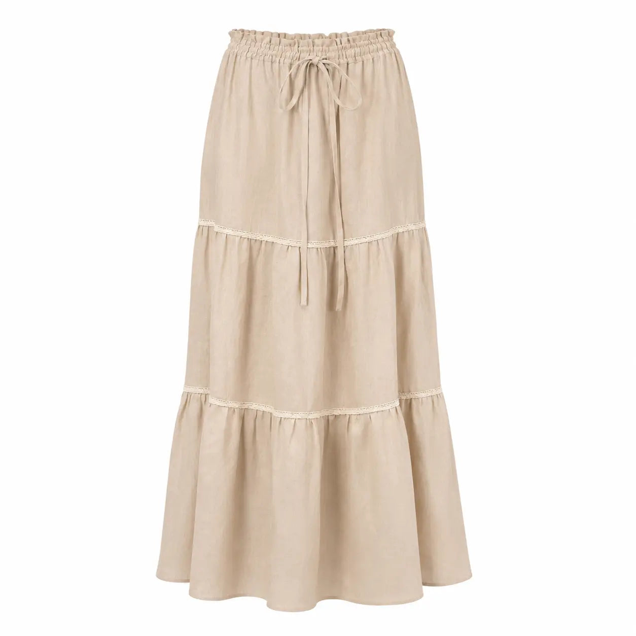 ALURE Beige Linen Long Skirt, luxury linen maxi skirt for women, elegant resort wear with tiered silhouette and crochet lace details by BILEYA COUTURE.