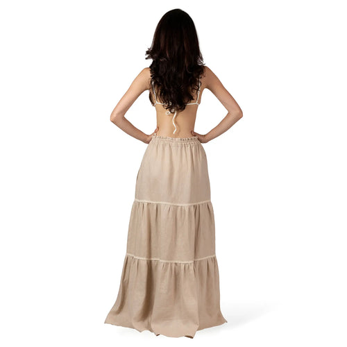 ALURE Beige Linen Long Skirt, luxury linen maxi skirt for women, elegant resort wear with tiered silhouette and crochet lace details by BILEYA COUTURE.
