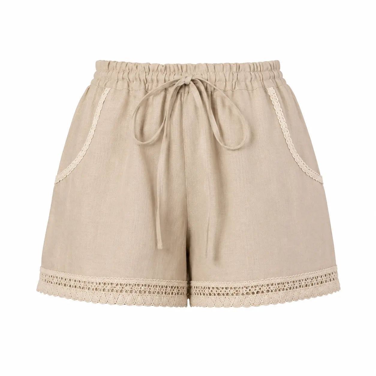 ALURE Beige Linen Shorts, luxury linen resort wear for women, elegant summer shorts with crochet lace details and relaxed silhouette by BILEYA COUTURE.