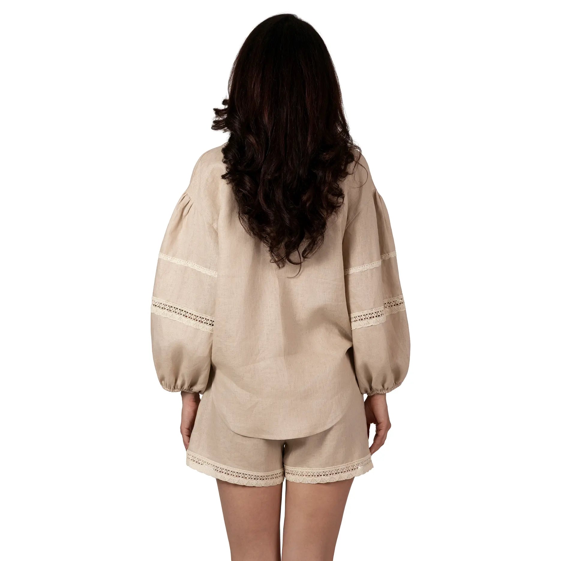 ALURE Beige Linen Shorts, luxury linen resort wear for women, elegant summer shorts with crochet lace details and relaxed silhouette by BILEYA COUTURE.