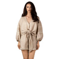 ALURE Beige Linen Shorts, luxury linen resort wear for women, elegant summer shorts with crochet lace details and relaxed silhouette by BILEYA COUTURE.