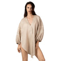 ALURE Beige Linen Short Shirt, luxury beige linen resort wear for women, elegant tie-front shirt with crochet lace details by BILEYA COUTURE.