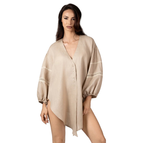 ALURE Beige Linen Short Shirt, luxury beige linen resort wear for women, elegant tie-front shirt with crochet lace details by BILEYA COUTURE.