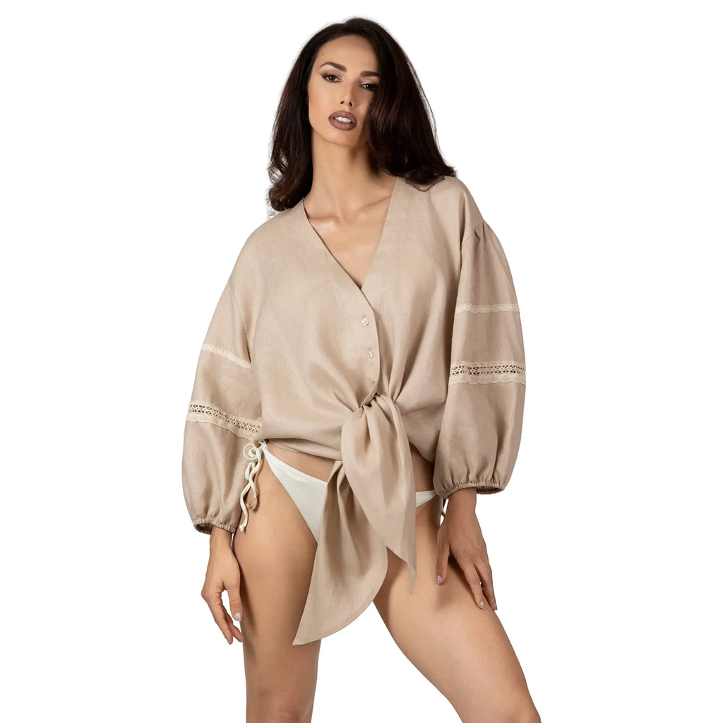 ALURE Beige Linen Short Shirt, luxury beige linen resort wear for women, elegant tie-front shirt with crochet lace details by BILEYA COUTURE.
