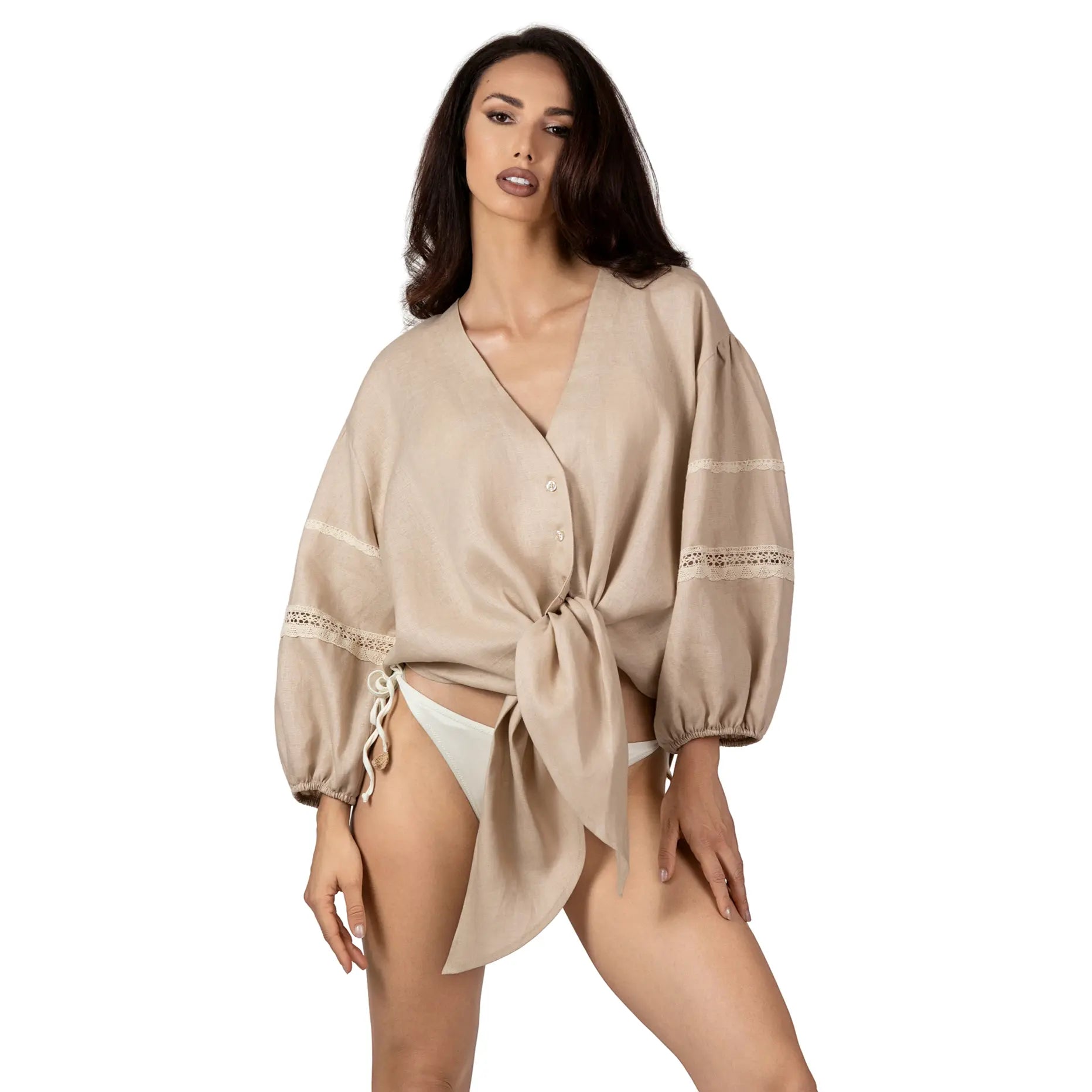 ALURE Beige Linen Short Shirt, luxury beige linen resort wear for women, elegant tie-front shirt with crochet lace details by BILEYA COUTURE.