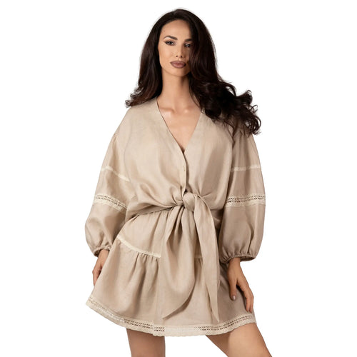 ALURE Beige Linen Short Shirt, luxury beige linen resort wear for women, elegant tie-front shirt with crochet lace details by BILEYA COUTURE.