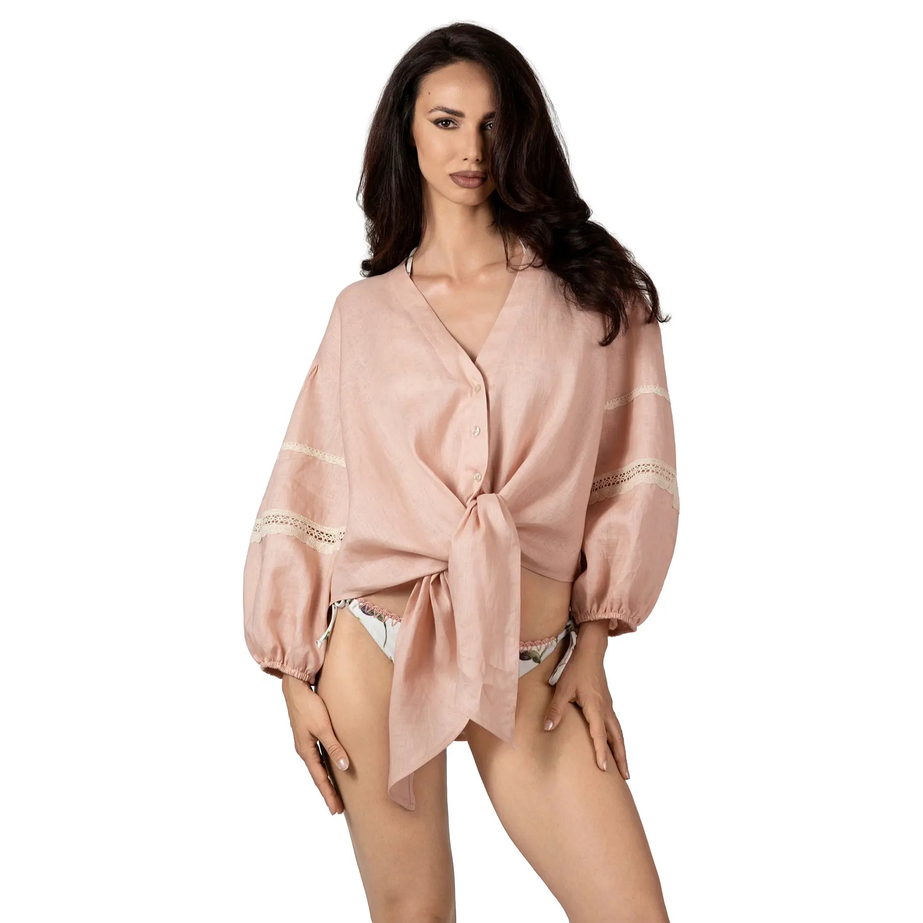 ALURE PEACH Linen Short Blouse by BILEYA COUTURE crafted from 100% natural linen, featuring a deep V-neckline, front-tie detail, crochet lace accents, 3/4 sleeves, and an elegant bohemian-inspired silhouette for luxury designer resort wear.