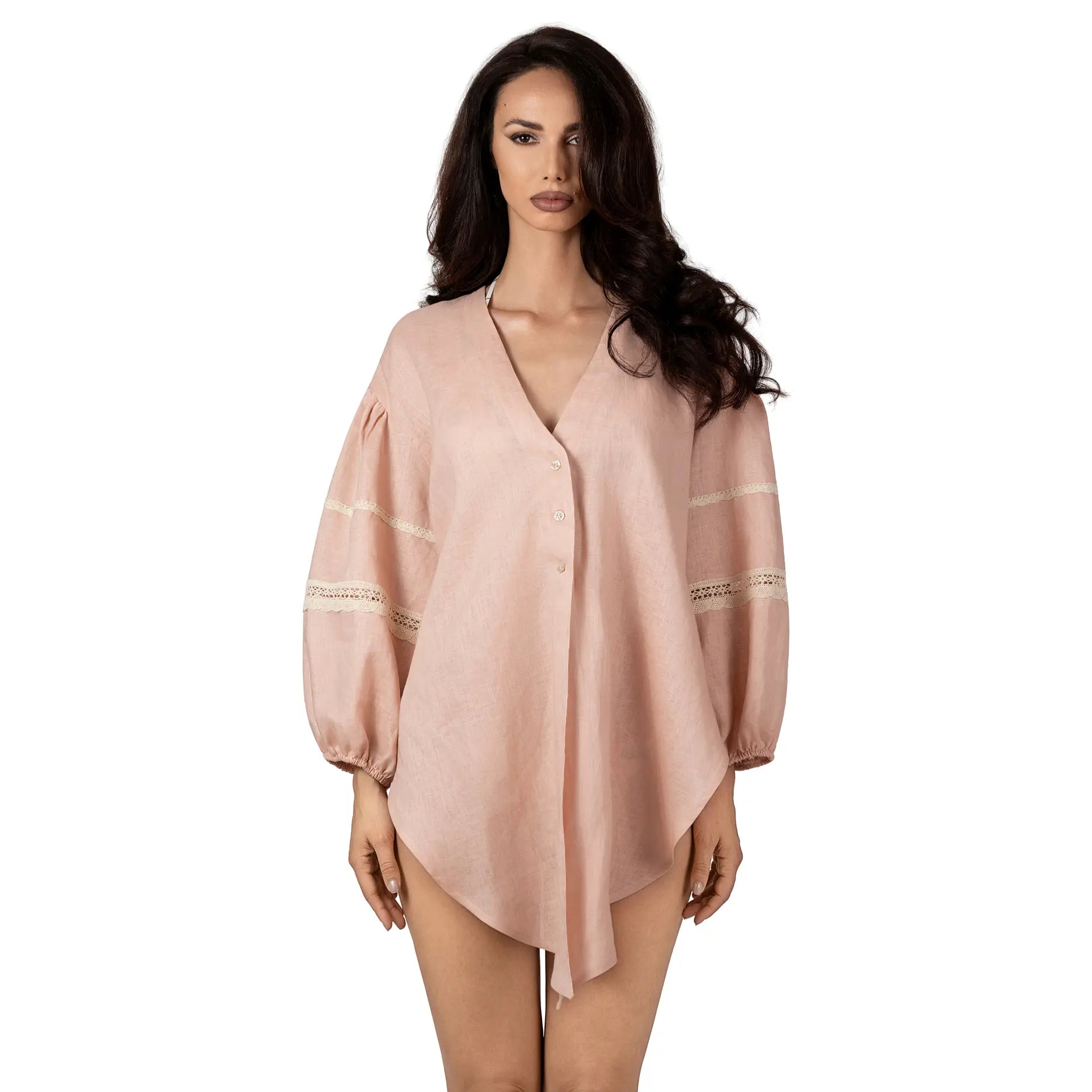 ALURE PEACH Linen Short Blouse by BILEYA COUTURE crafted from 100% natural linen, featuring a deep V-neckline, front-tie detail, crochet lace accents, 3/4 sleeves, and an elegant bohemian-inspired silhouette for luxury designer resort wear.