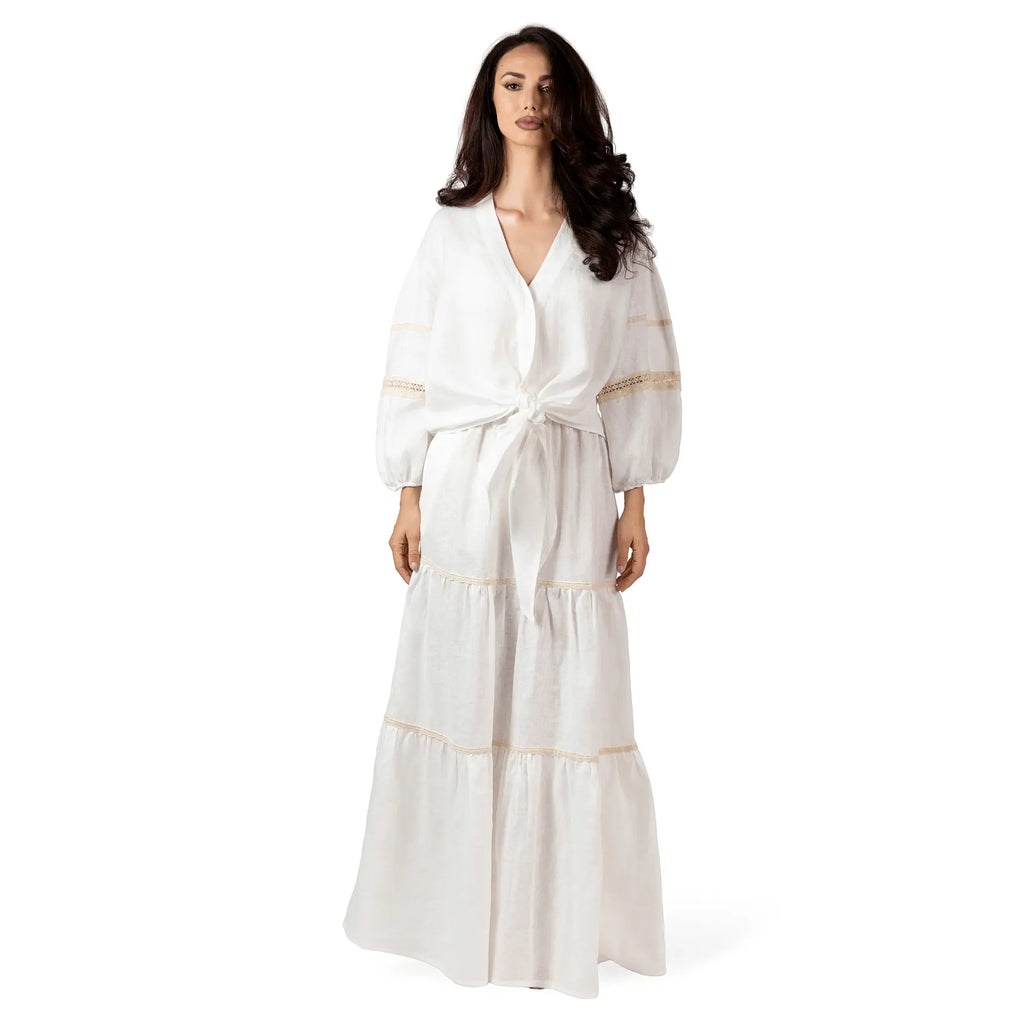 ALURE White Linen Long Skirt, luxury linen maxi skirt for women, elegant resort wear with tiered silhouette and crochet lace details by BILEYA COUTURE.
