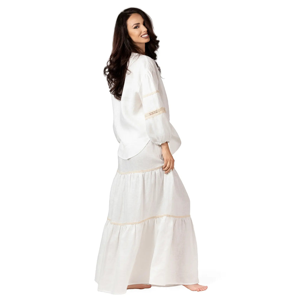 ALURE White Linen Long Skirt, luxury linen maxi skirt for women, elegant resort wear with tiered silhouette and crochet lace details by BILEYA COUTURE.