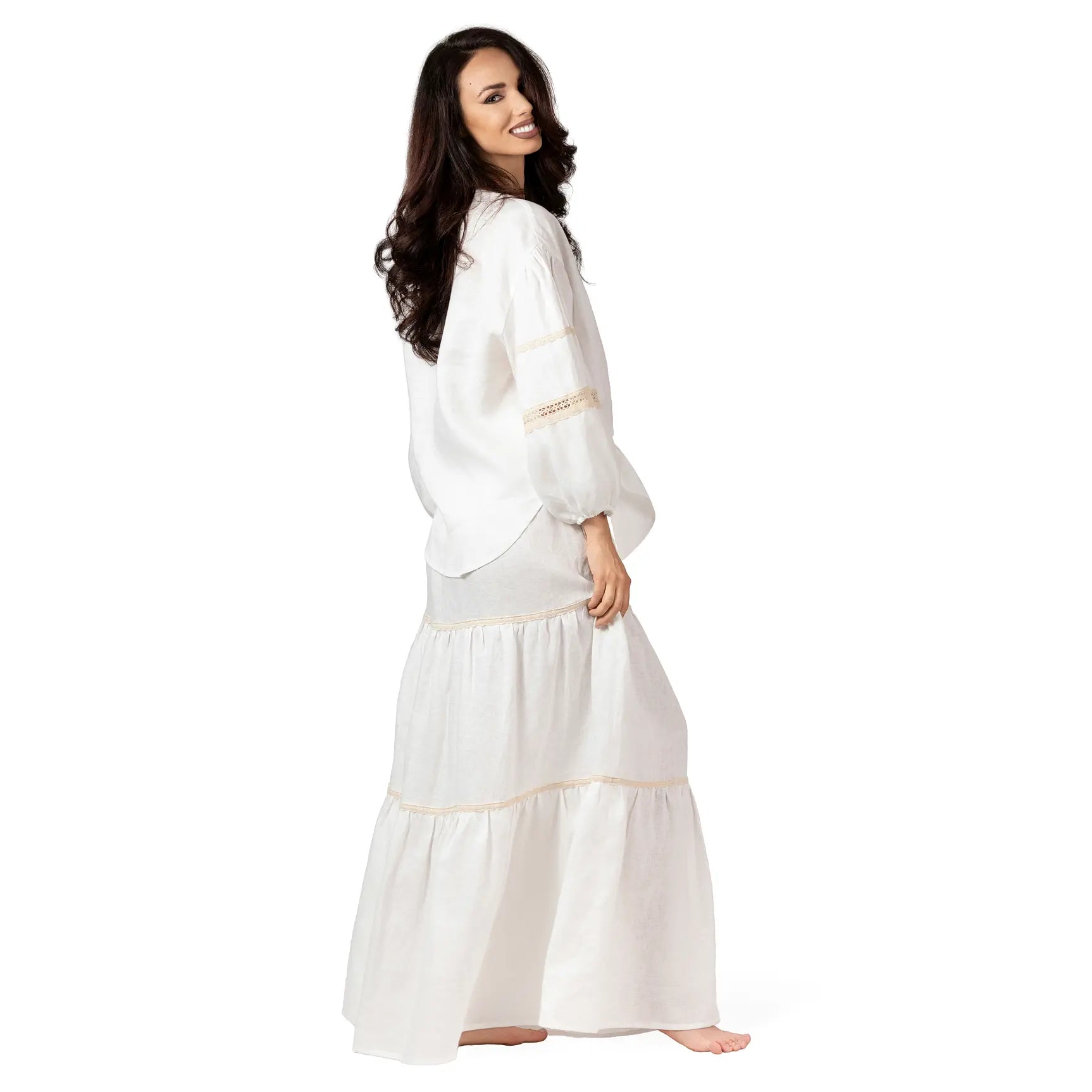 ALURE White Linen Long Skirt, luxury linen maxi skirt for women, elegant resort wear with tiered silhouette and crochet lace details by BILEYA COUTURE.