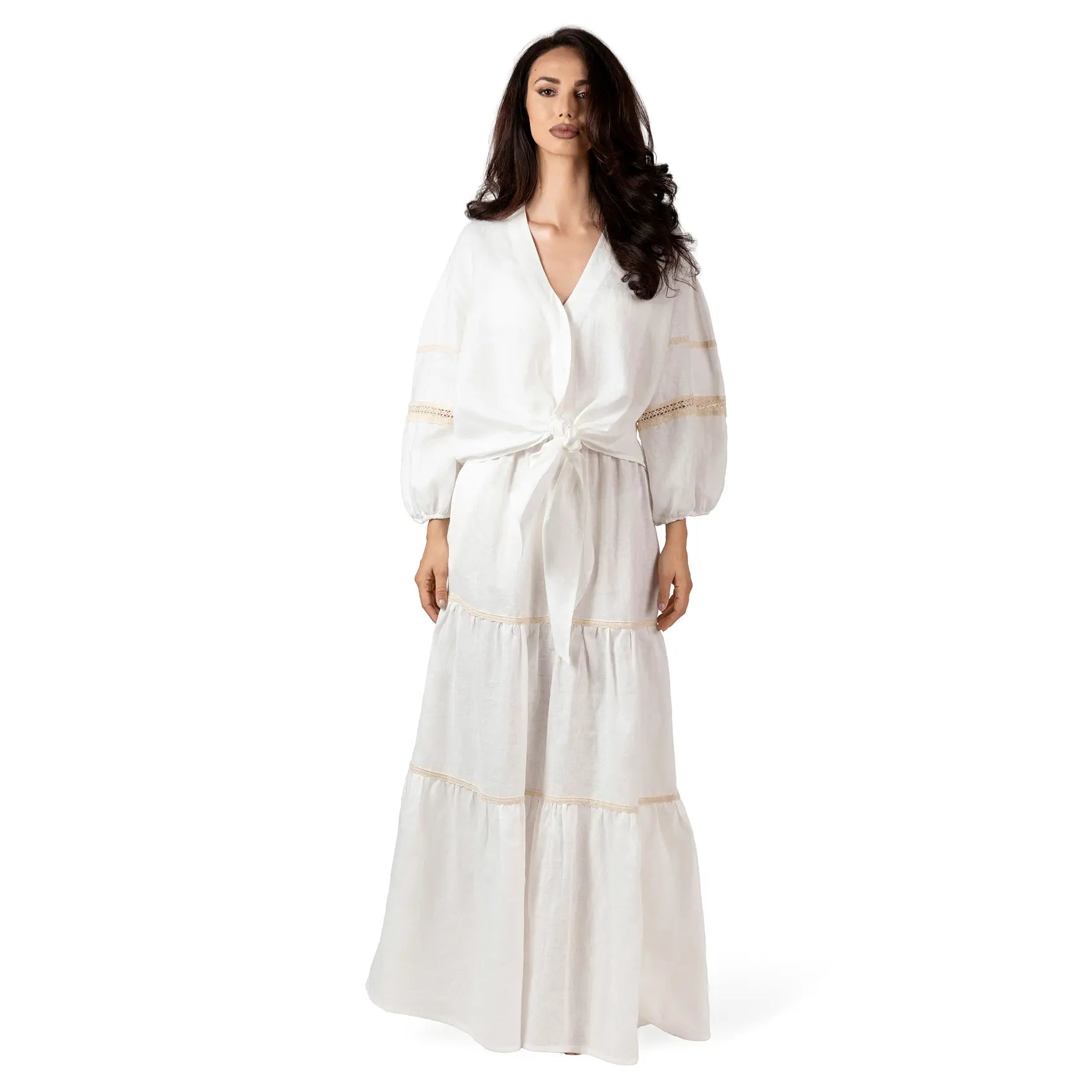 ALURE White Linen Short Shirt, luxury white linen resort wear for women, elegant tie-front shirt with crochet lace details by BILEYA COUTURE.