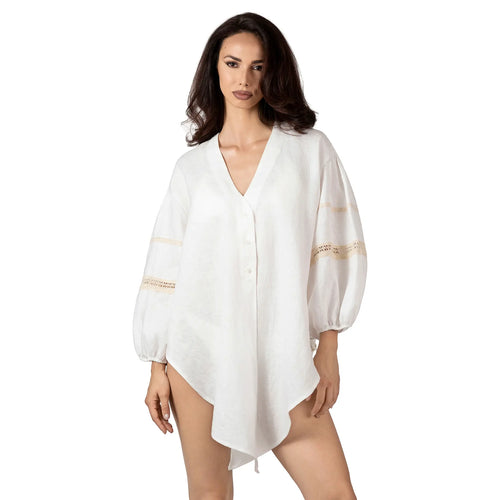 ALURE White Linen Short Shirt, luxury white linen resort wear for women, elegant tie-front shirt with crochet lace details by BILEYA COUTURE.