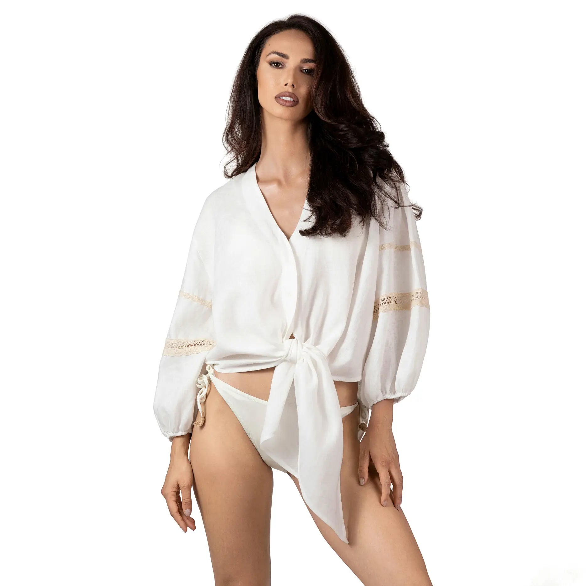 ALURE White Linen Short Shirt, luxury white linen resort wear for women, elegant tie-front shirt with crochet lace details by BILEYA COUTURE.