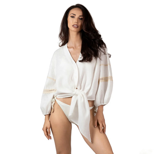 ALURE White Linen Short Shirt, luxury white linen resort wear for women, elegant tie-front shirt with crochet lace details by BILEYA COUTURE.