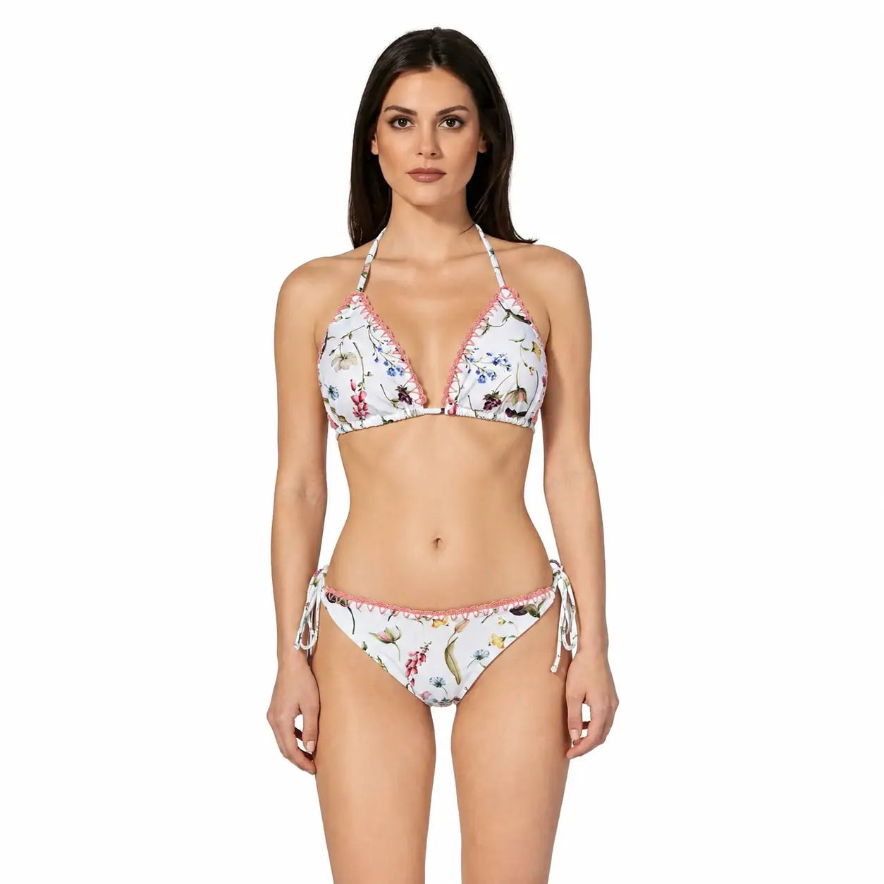 Woman wearing a floral bikini set by bileya couture