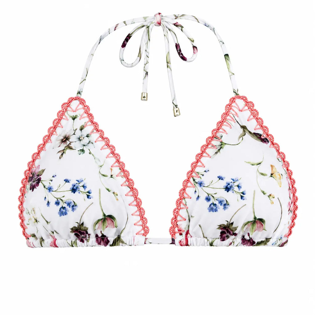 Floral bikini top with pink trim on a white background bileya couture