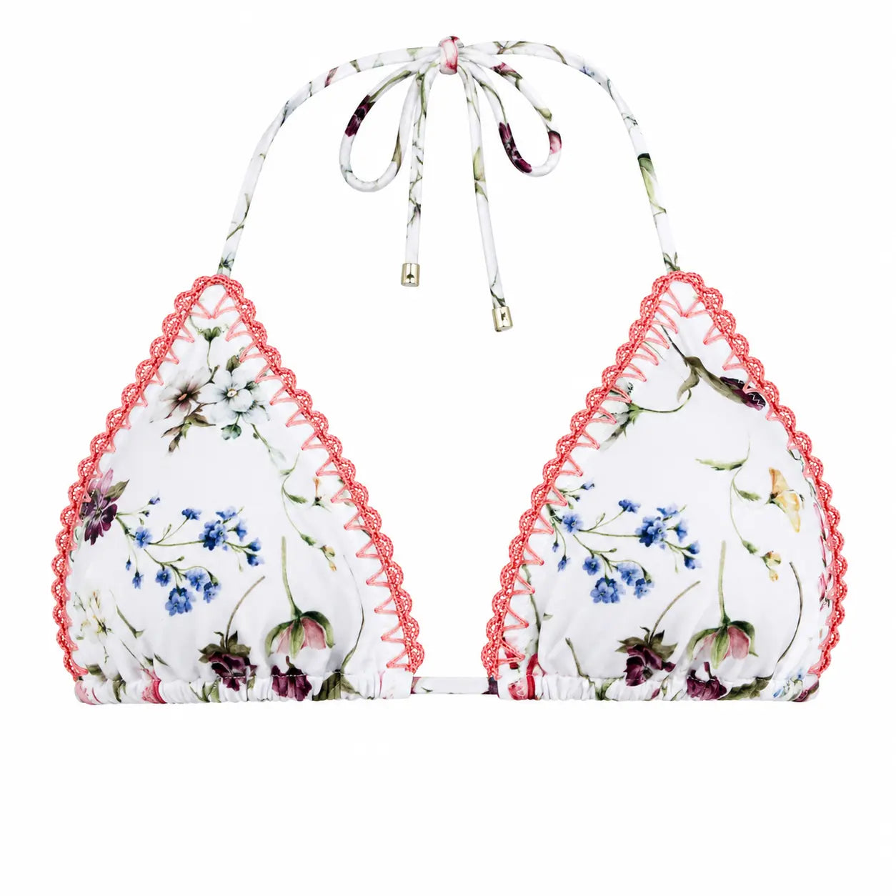 Floral bikini top with pink trim on a white background bileya couture