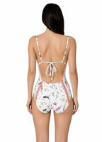 Back view of AMAYA COUTURE JARDIN one-piece by BILEYA COUTURE, multicolour luxury swimsuit with floral halter design