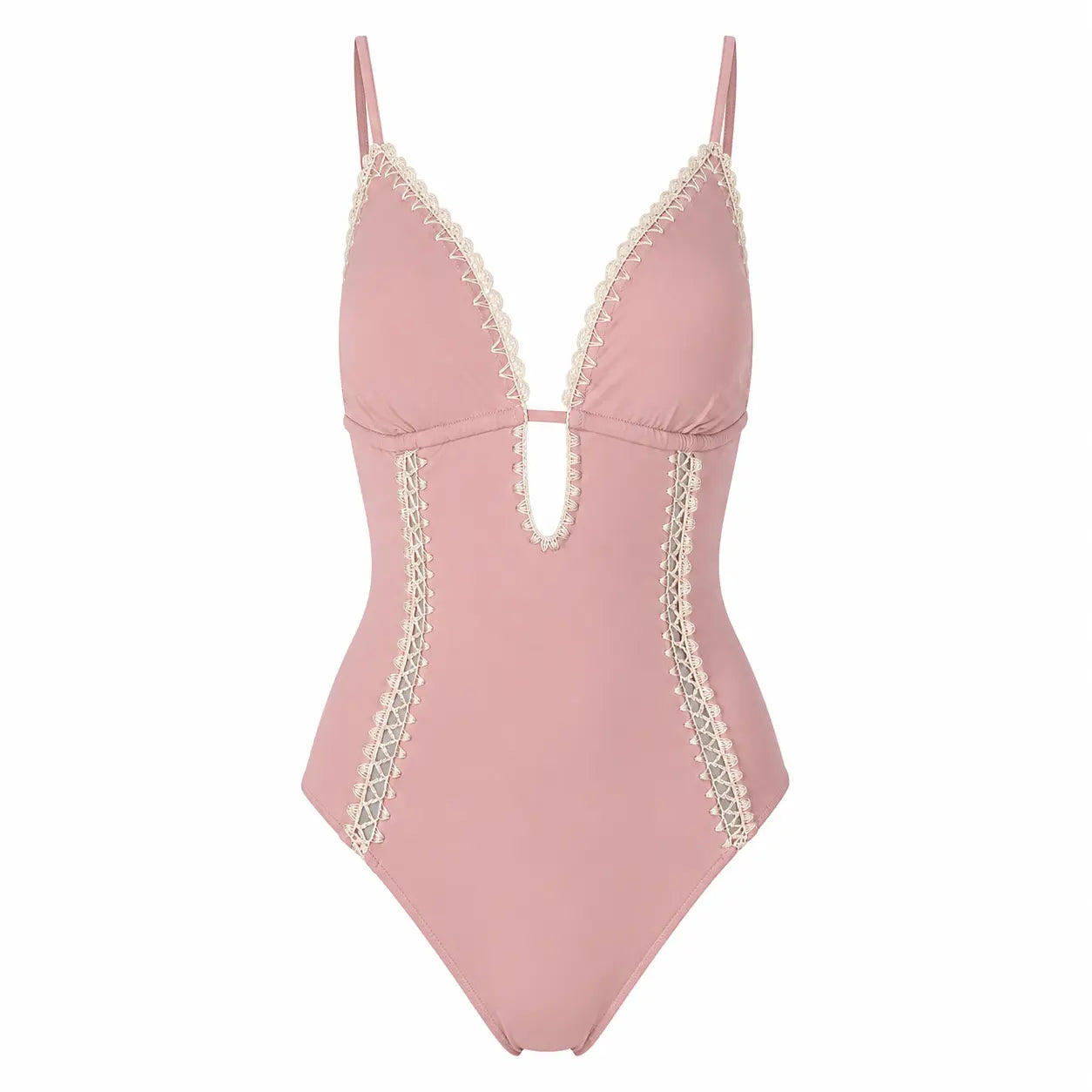 Pink swimsuit with lace details on a white background