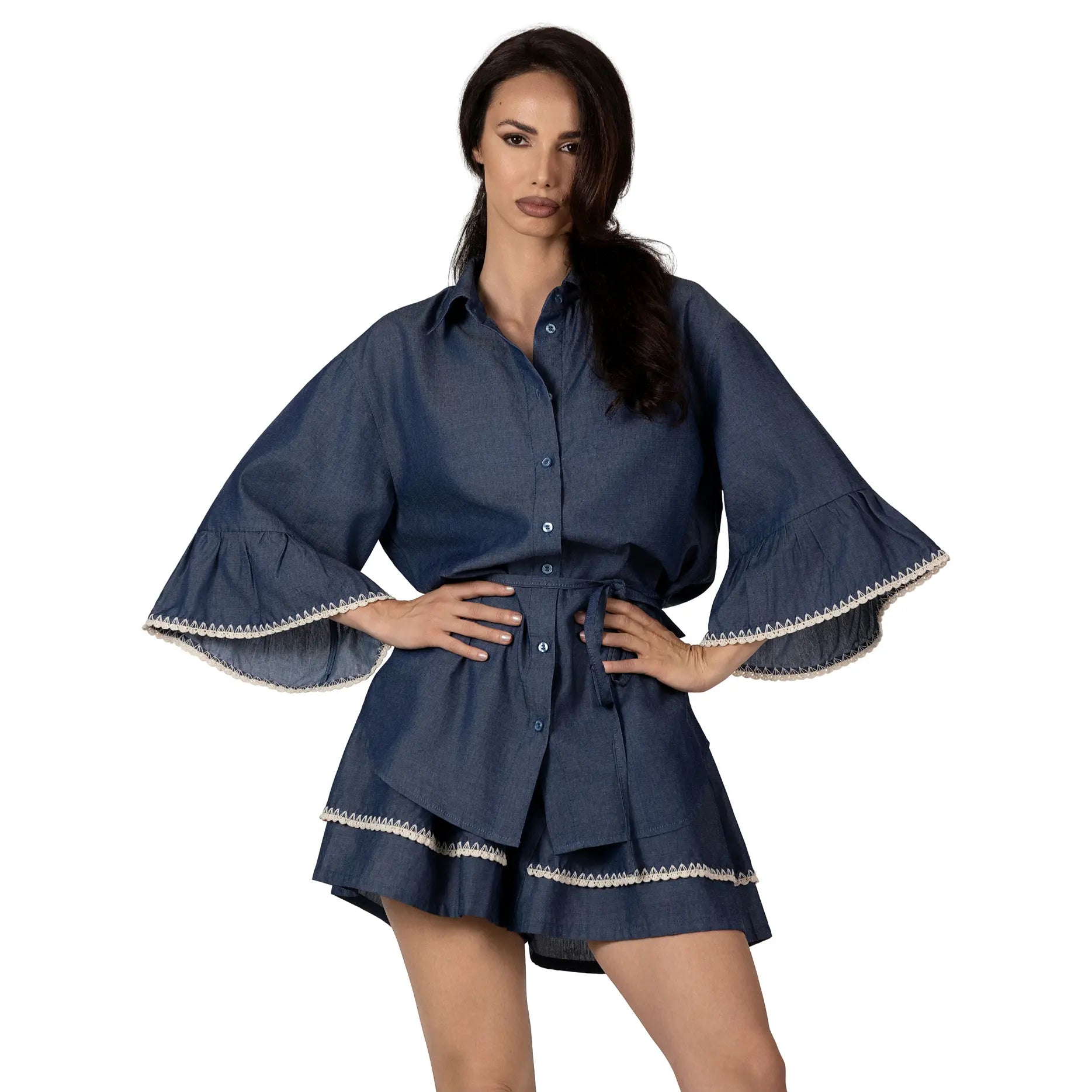 Luxury AMELIE DENIM Boutique Skort in premium 100% cotton denim with a voluminous silhouette, handcrafted detailing, elastic waistband, and feminine resort-inspired design by BILEYA COUTURE.
