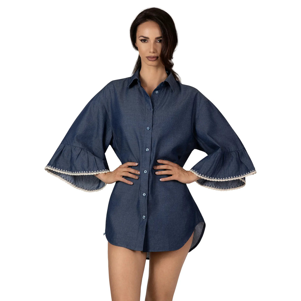 AMELIE DENIM Boutique Blouse by BILEYA COUTURE crafted from 100% cotton denim, featuring a classic collar, flared 3/4 sleeves, handcrafted details, an adjustable waist tie, and a feminine silhouette for elegant casual and resort-inspired styling.
