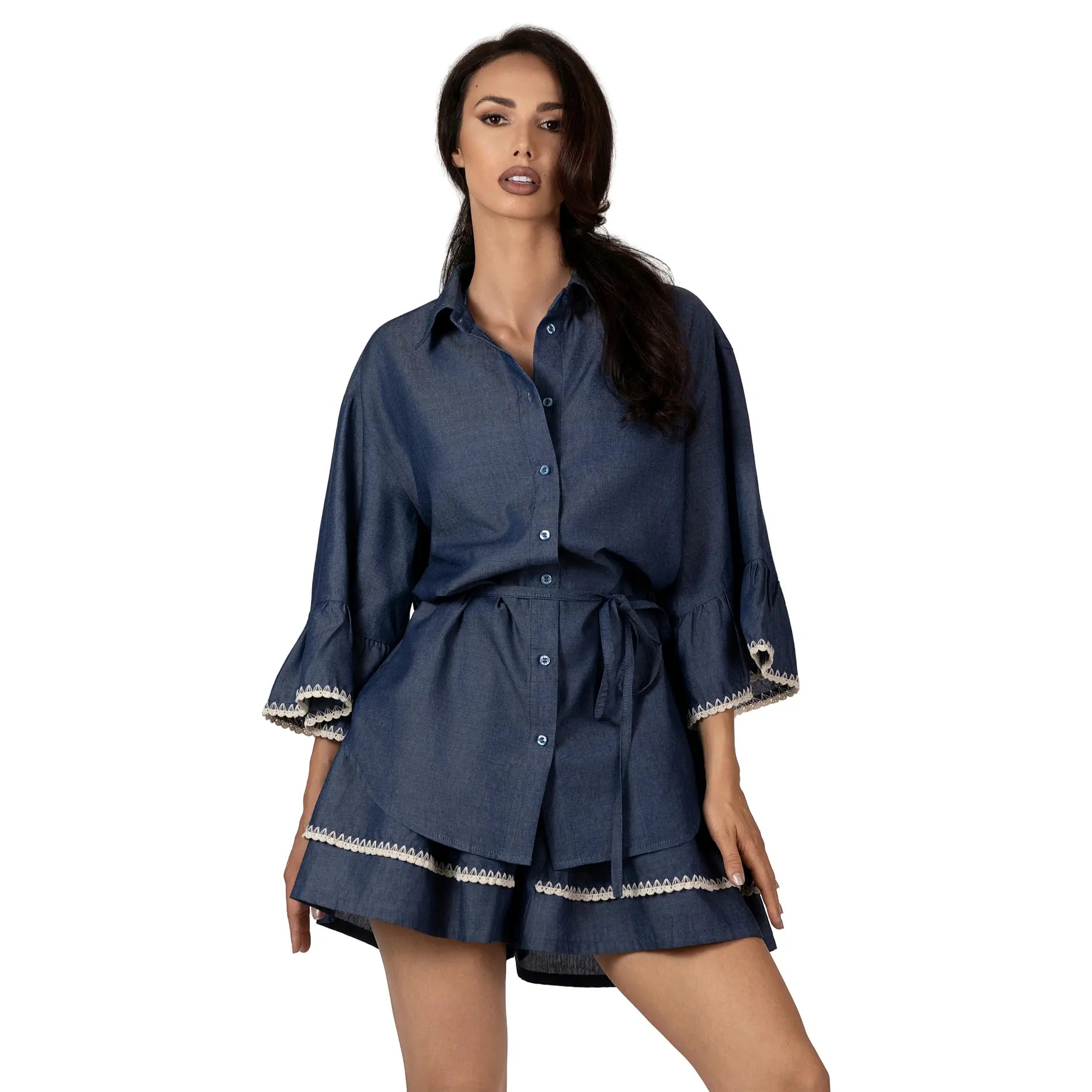 AMELIE DENIM Boutique Blouse by BILEYA COUTURE crafted from 100% cotton denim, featuring a classic collar, flared 3/4 sleeves, handcrafted details, an adjustable waist tie, and a feminine silhouette for elegant casual and resort-inspired styling.
