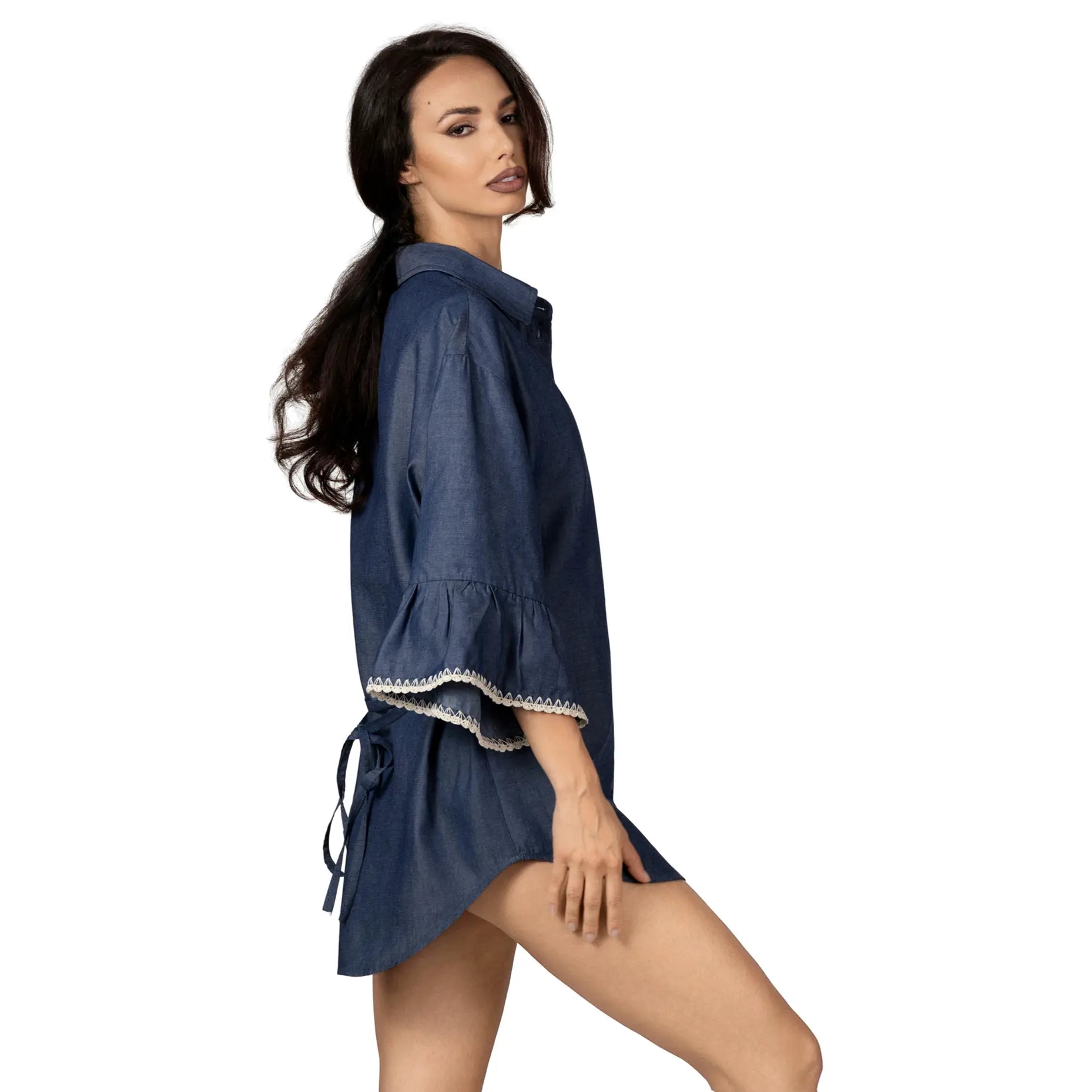 AMELIE DENIM Boutique Blouse by BILEYA COUTURE crafted from 100% cotton denim, featuring a classic collar, flared 3/4 sleeves, handcrafted details, an adjustable waist tie, and a feminine silhouette for elegant casual and resort-inspired styling.
