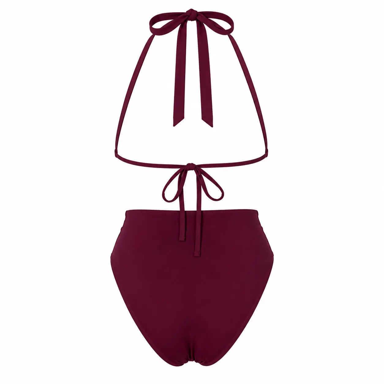 Burgundy bikini set with halter top and high-waisted bottom on a white background