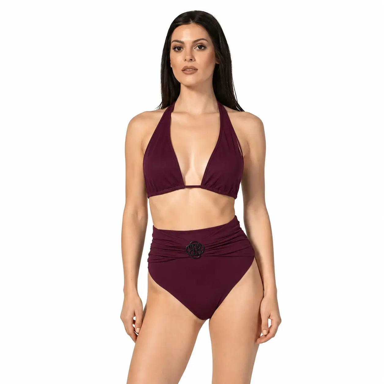 Woman wearing a burgundy bikini set on a white background