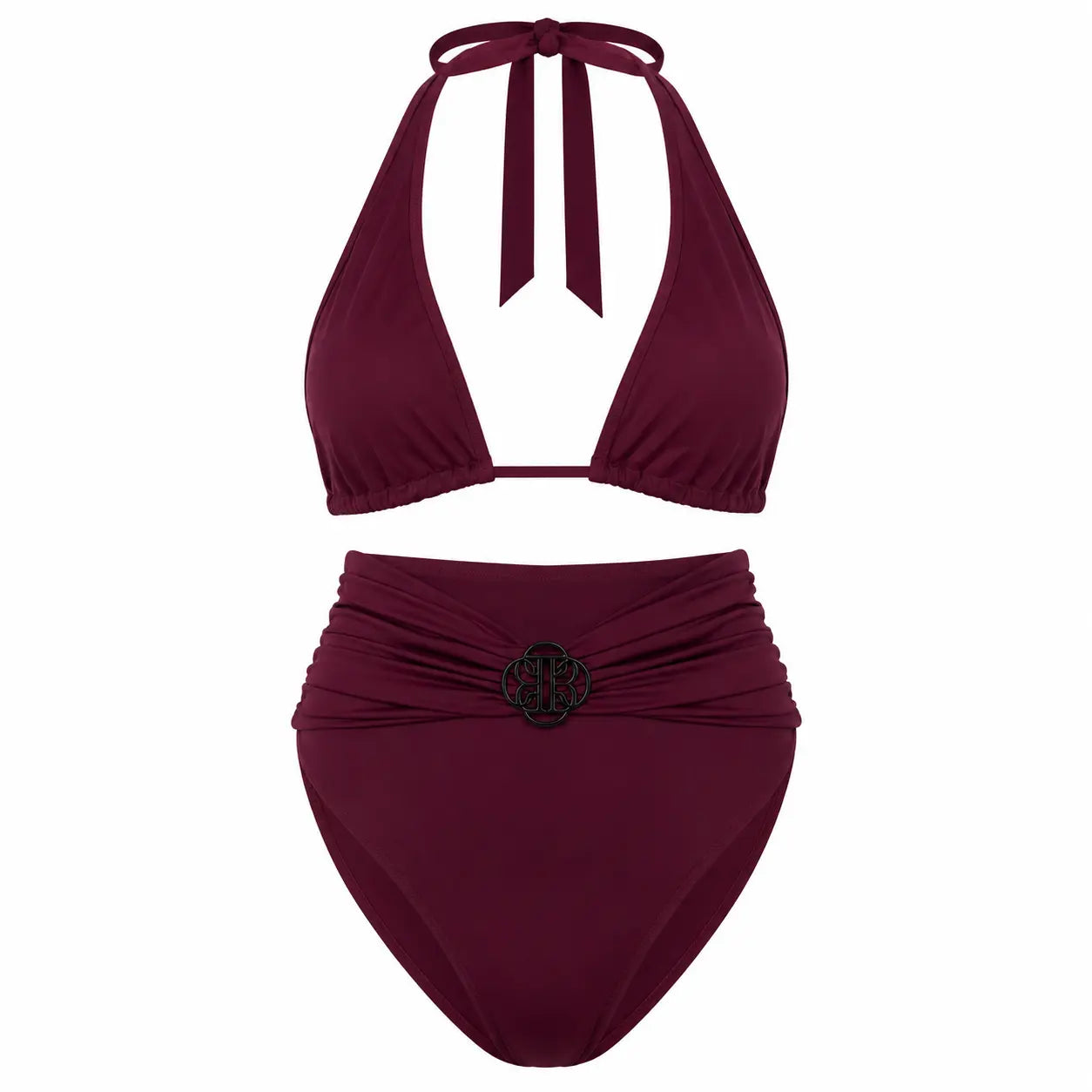 Maroon bikini set with a high-waisted bottom and halter top on a white background