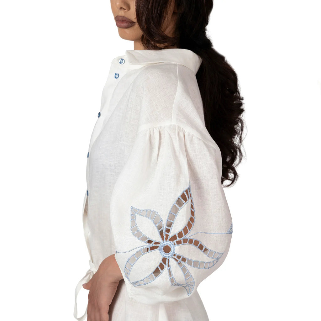 FIRA Linen Shirt with broderie anglaise sleeves, luxury white linen resort wear for women, elegant embroidered summer shirt by BILEYA COUTURE.