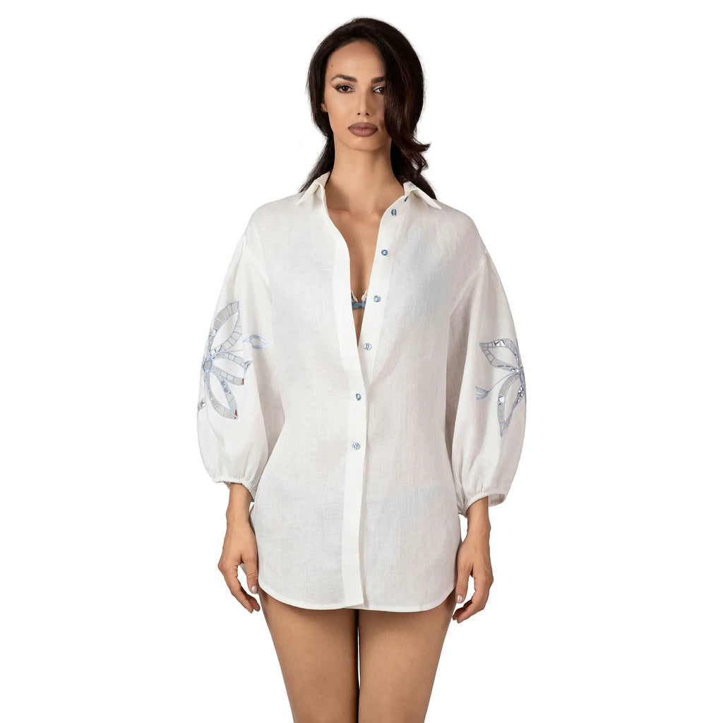 FIRA Linen Shirt with broderie anglaise sleeves, luxury white linen resort wear for women, elegant embroidered summer shirt by BILEYA COUTURE.