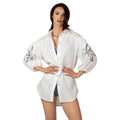 FIRA Linen Shirt with broderie anglaise sleeves, luxury white linen resort wear for women, elegant embroidered summer shirt by BILEYA COUTURE.
