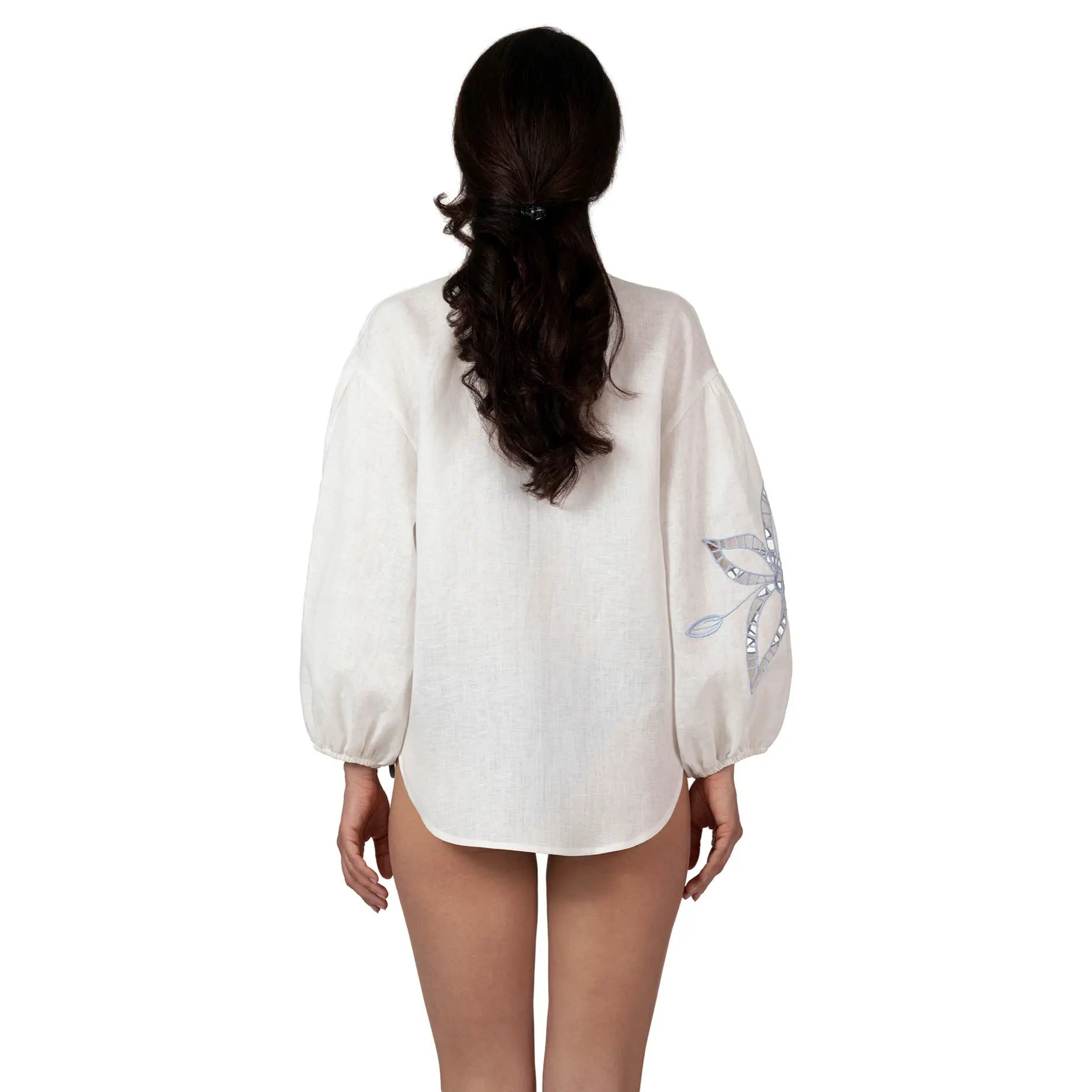 FIRA Linen Short Shirt with broderie anglaise sleeve, luxury white linen resort wear for women, elegant summer shirt with embroidered detail by BILEYA COUTURE.