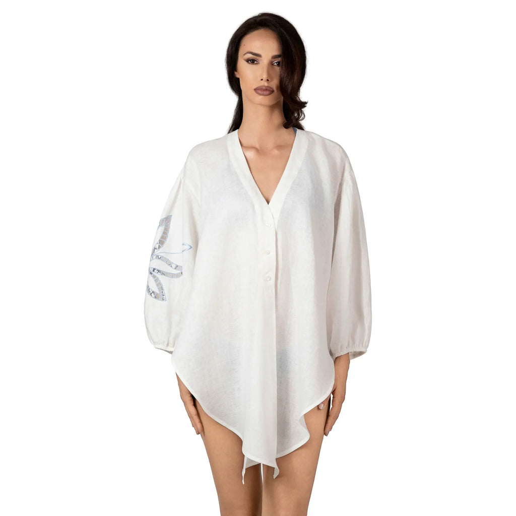 FIRA Linen Short Shirt with broderie anglaise sleeve, luxury white linen resort wear for women, elegant summer shirt with embroidered detail by BILEYA COUTURE.