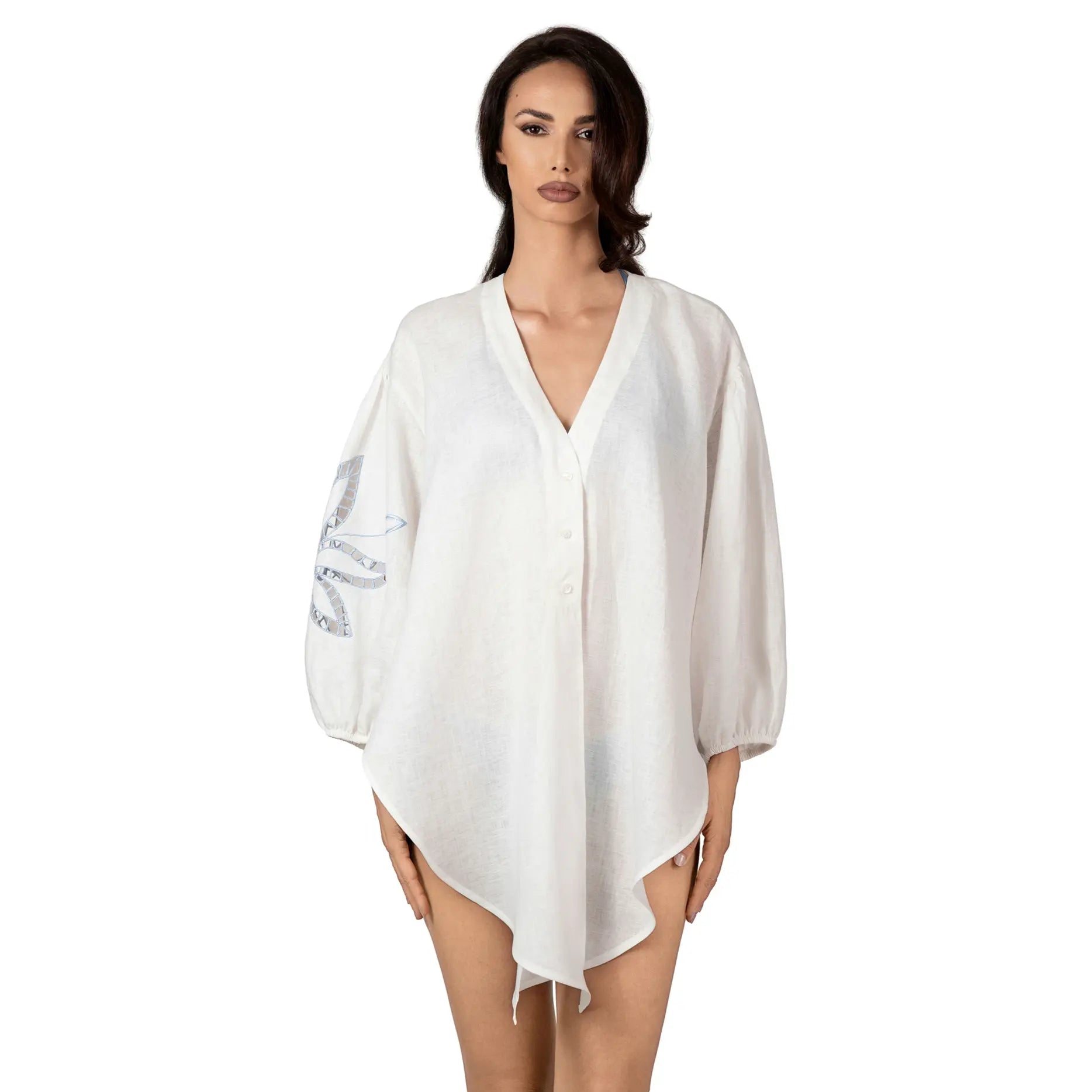 FIRA Linen Short Shirt with broderie anglaise sleeve, luxury white linen resort wear for women, elegant summer shirt with embroidered detail by BILEYA COUTURE.
