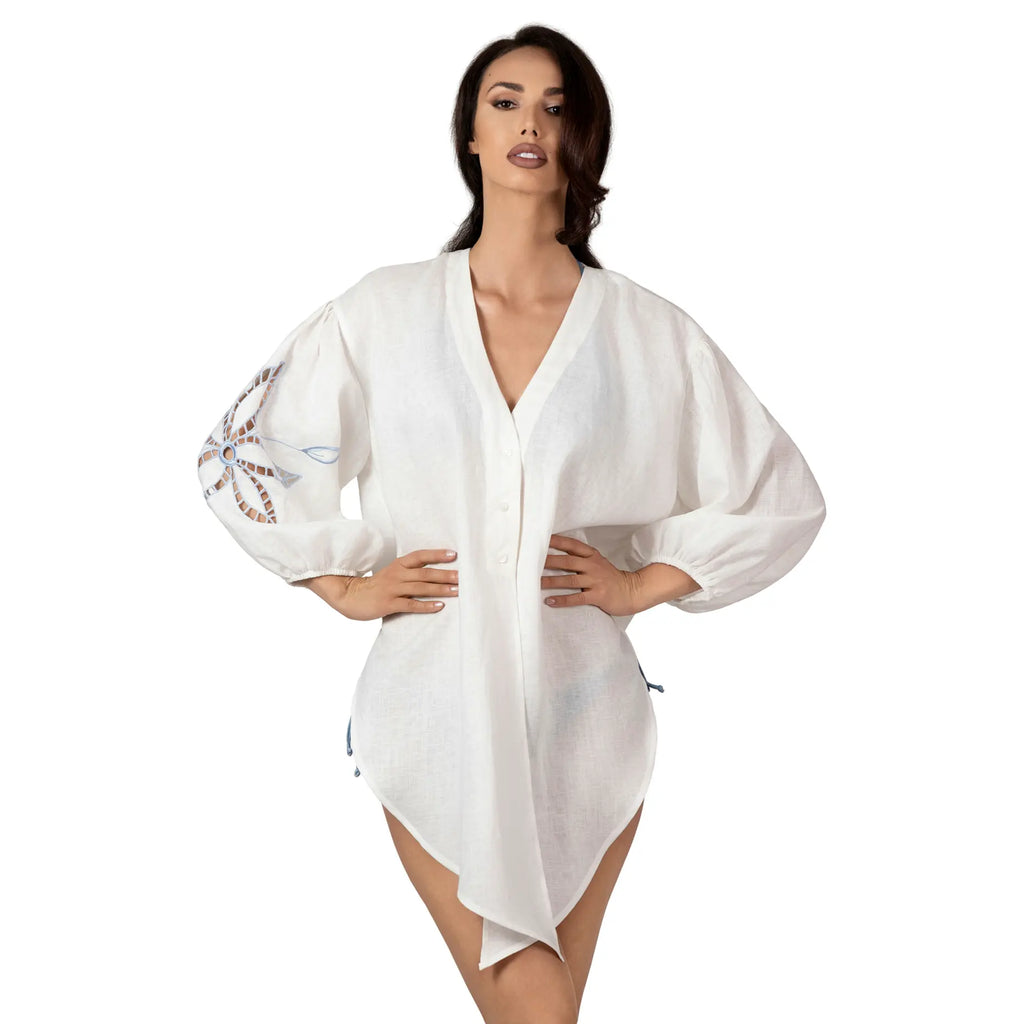 FIRA Linen Short Shirt with broderie anglaise sleeve, luxury white linen resort wear for women, elegant summer shirt with embroidered detail by BILEYA COUTURE.