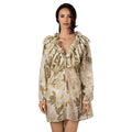 FLEUR DE LUMIÈRE Long Sleeve Top by BILEYA COUTURE crafted from luxurious silk-cotton chiffon, featuring a romantic white floral print, elegant ruffle neckline, adjustable front ties, long sleeves with elastic cuffs, and an airy designer resort wear silhouette.
