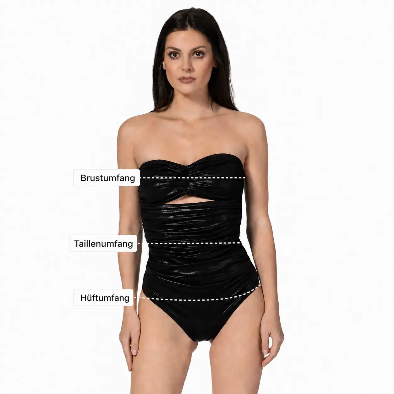 Black strapless swimsuit with labeled measurements on a white background