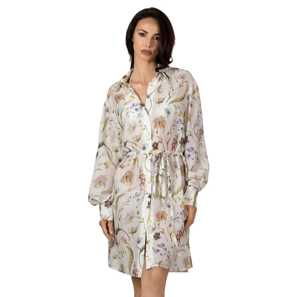 JARDIN Long Silk Shirt with multicoloured floral print, luxury resort wear crafted from silk and cotton blend, elegant beach cover-up and designer summer shirt by BILEYA COUTURE.