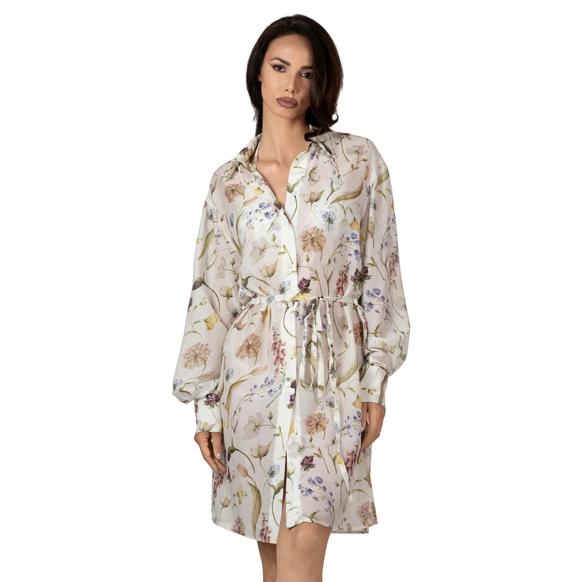 JARDIN Long Silk Shirt with multicoloured floral print, luxury resort wear crafted from silk and cotton blend, elegant beach cover-up and designer summer shirt by BILEYA COUTURE.