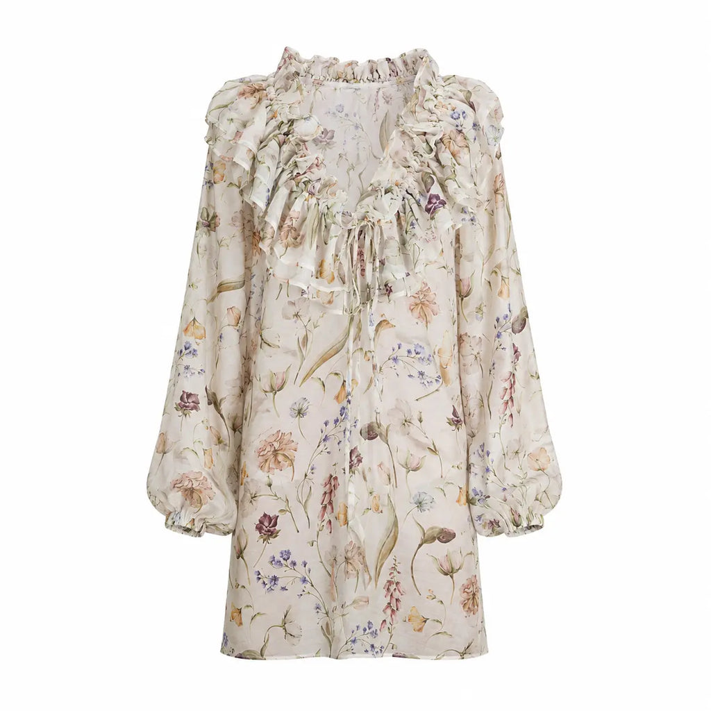 Designer floral resort top for women, JARDIN Long Resort Top by BILEYA COUTURE, crafted from premium silk and cotton blend, luxury beach cover-up and elegant summer resort wear.