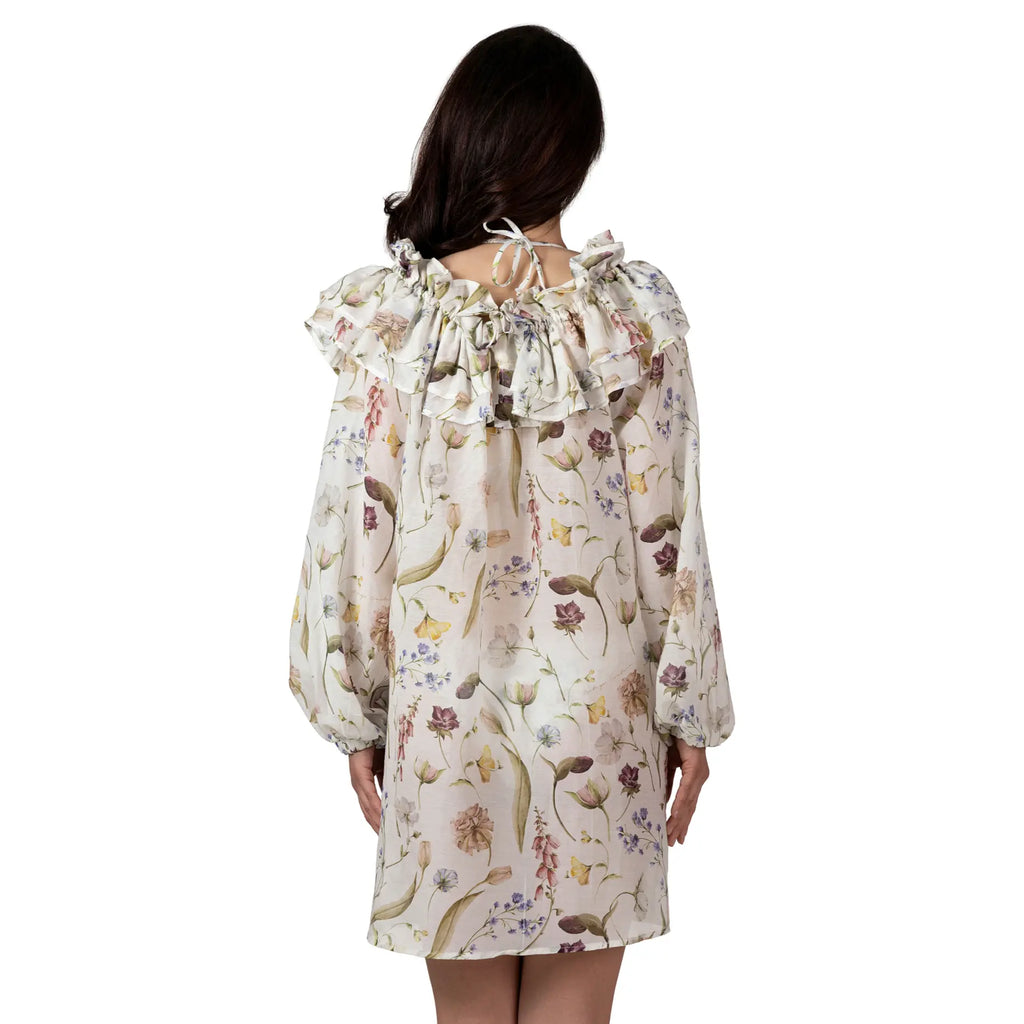 JARDIN Long Resort Top with floral print, luxury silk and cotton resort wear for women, elegant beach cover-up with romantic ruffle neckline by BILEYA COUTURE.