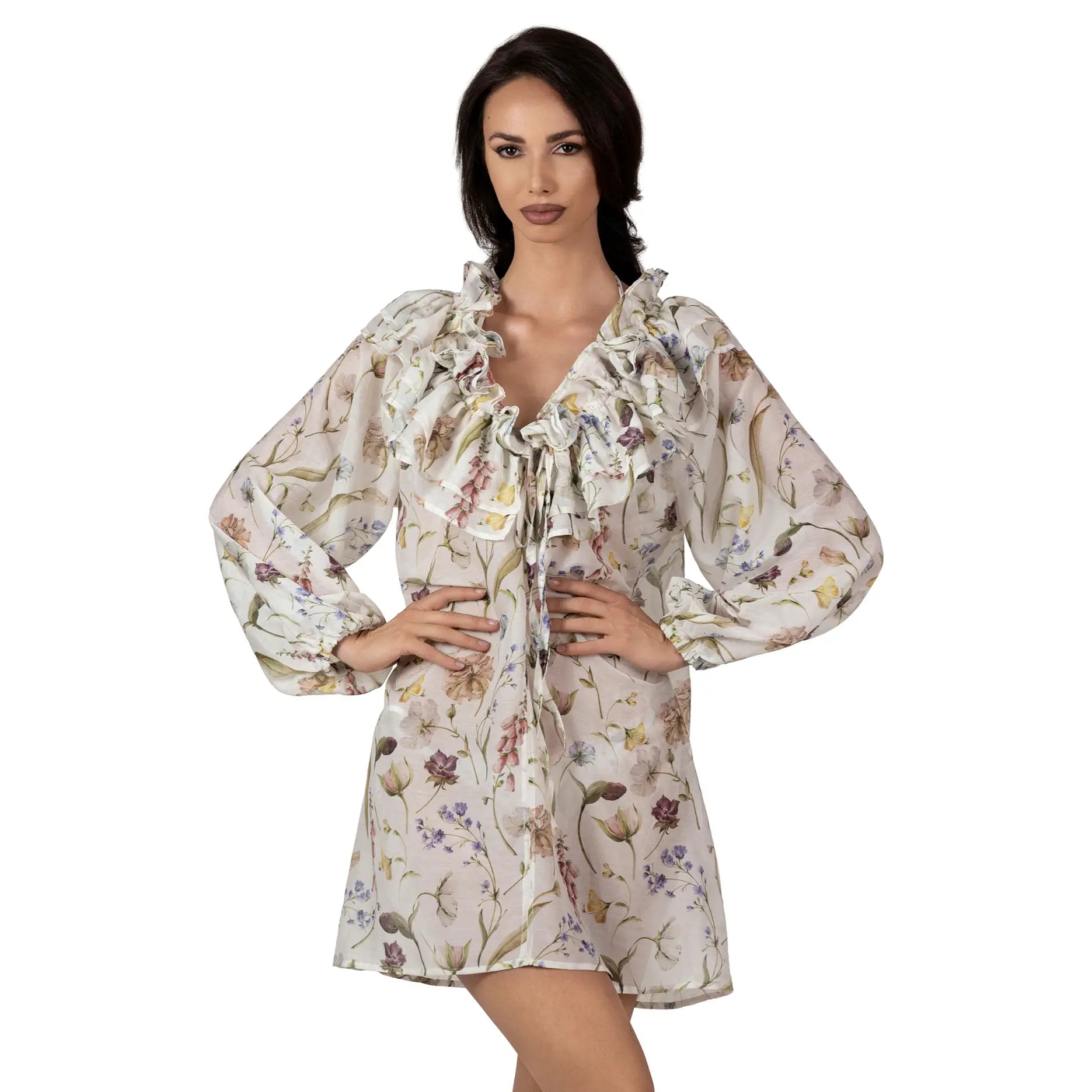 JARDIN Long Resort Top with floral print, luxury silk and cotton resort wear for women, elegant beach cover-up with romantic ruffle neckline by BILEYA COUTURE.