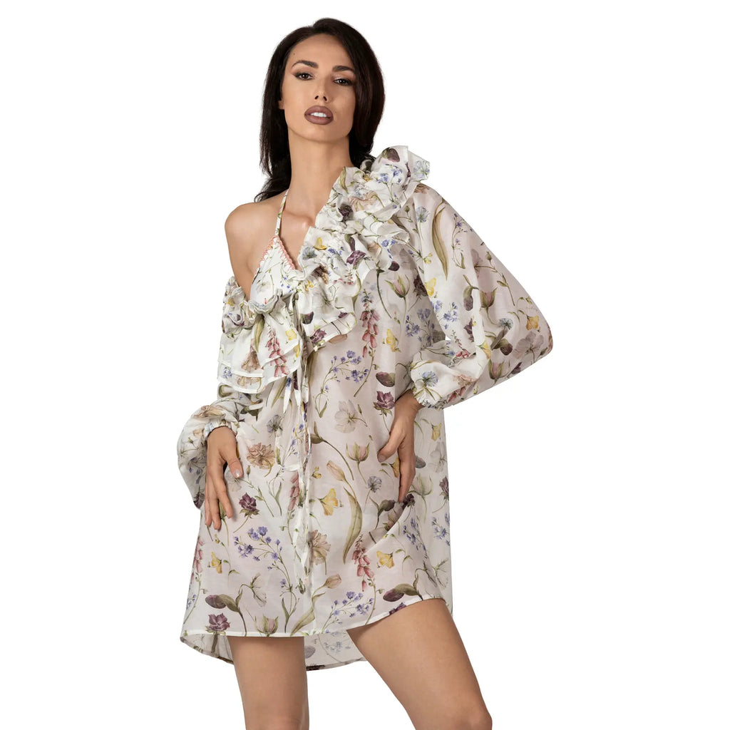 JARDIN Long Resort Top with floral print, luxury silk and cotton resort wear for women, elegant beach cover-up with romantic ruffle neckline by BILEYA COUTURE.