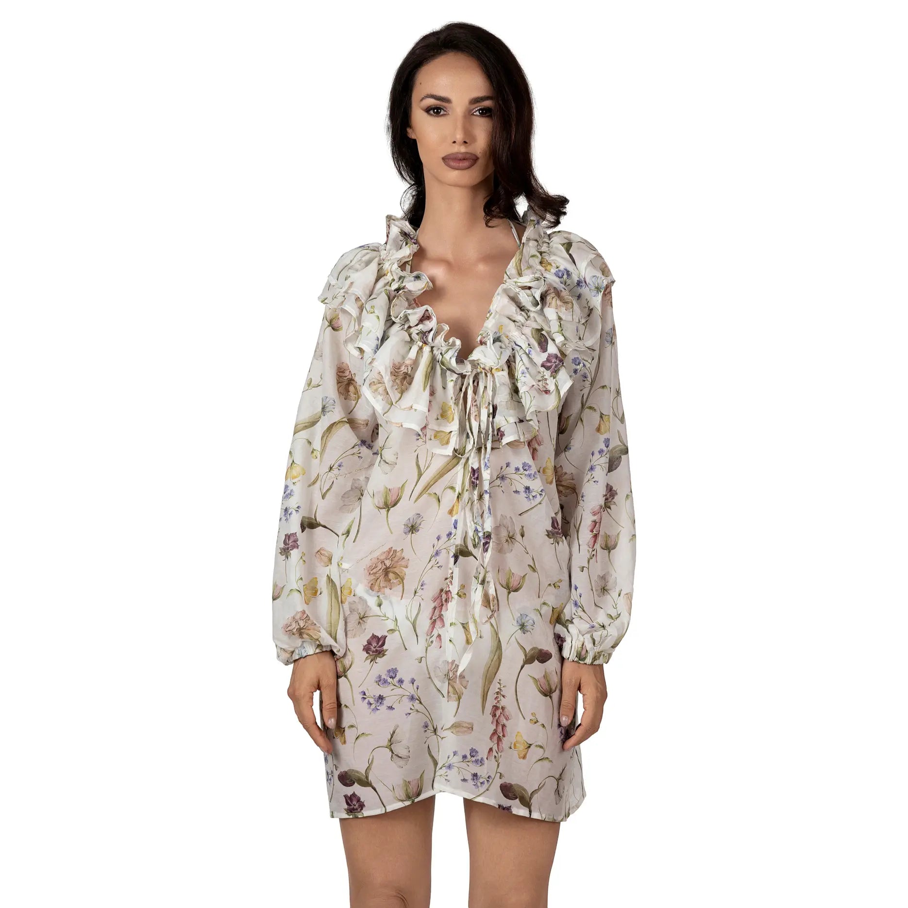 JARDIN Long Resort Top with floral print, luxury silk and cotton resort wear for women, elegant beach cover-up with romantic ruffle neckline by BILEYA COUTURE.