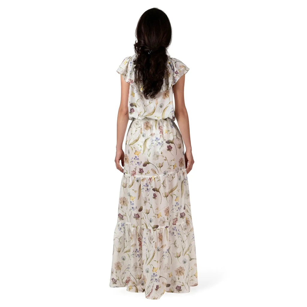 JARDIN Long Skirt in multicoloured floral print, luxury maxi resort skirt crafted from silk and cotton chiffon with a flowing three-tiered silhouette and elegant feminine design by BILEYA COUTURE.