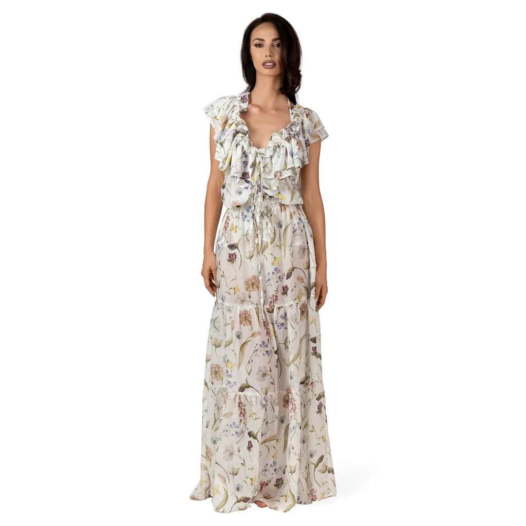 JARDIN Long Skirt in multicoloured floral print, luxury maxi resort skirt crafted from silk and cotton chiffon with a flowing three-tiered silhouette and elegant feminine design by BILEYA COUTURE.